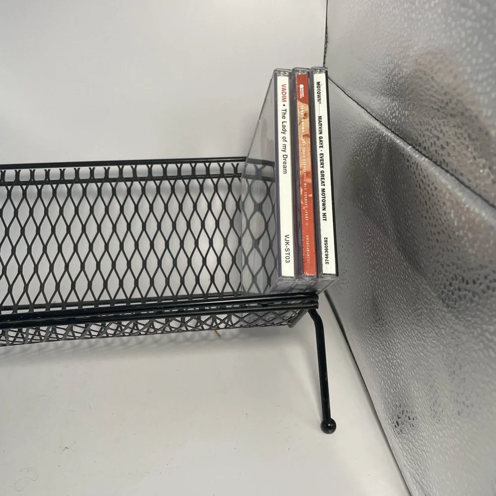 Mid Century Modern CD/DVD Books Rack Stand Mesh Metal Black